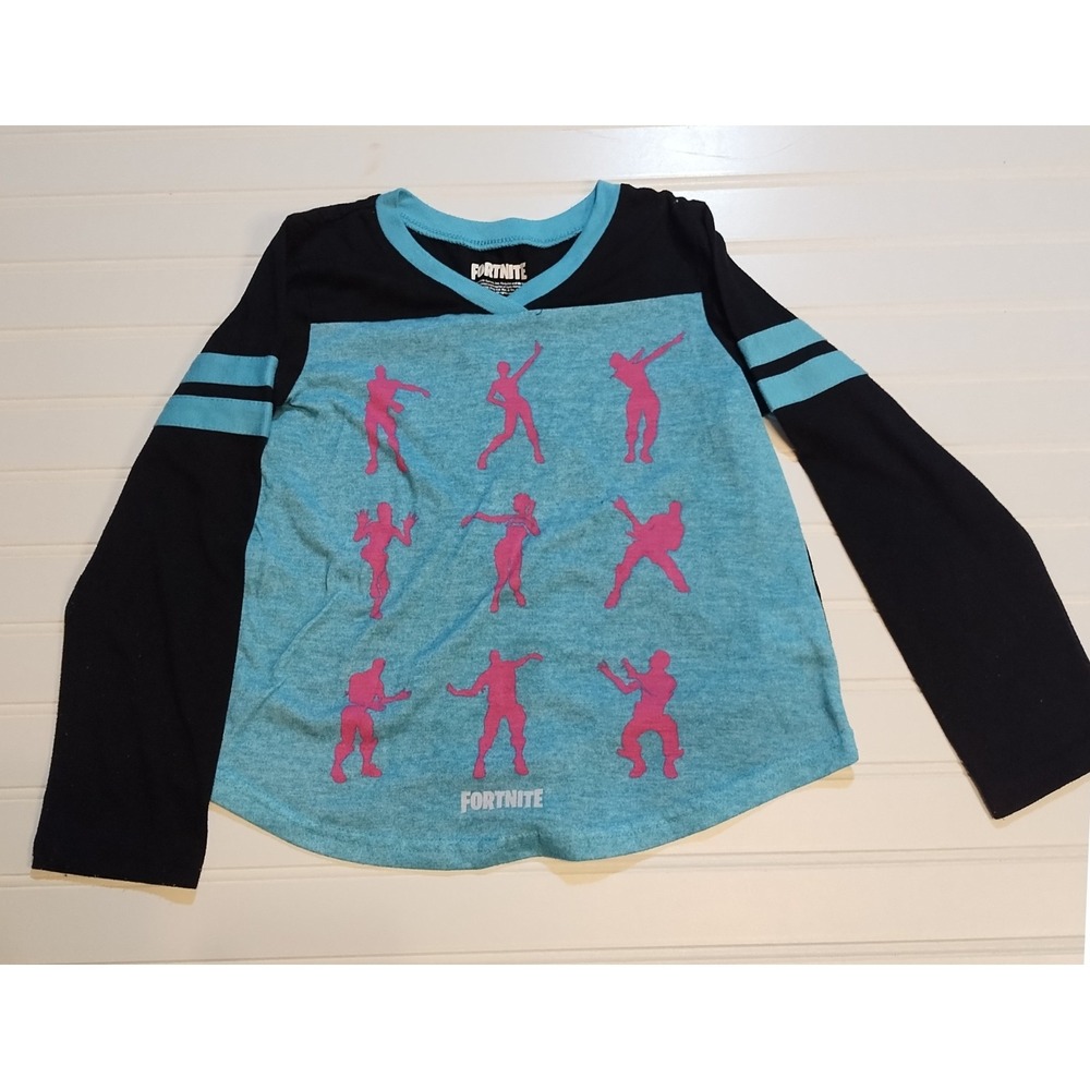 Kids Fortnite Long Sleeve Pajama Top Black Aqua Blue Emotes Size‎ 7 8